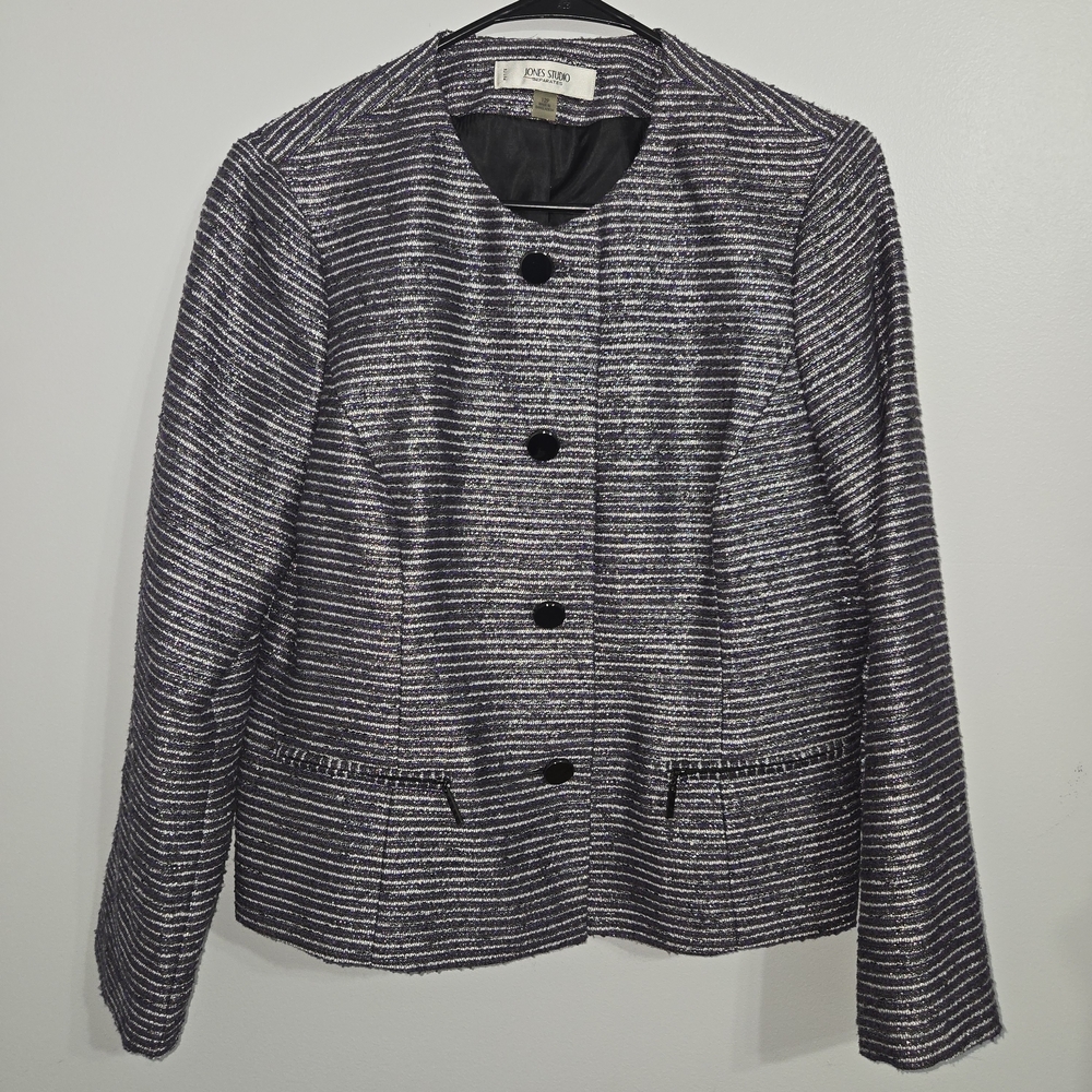 V#4 Jones Studio Size 12P Women's Black and‎ Purple Striped Jacket